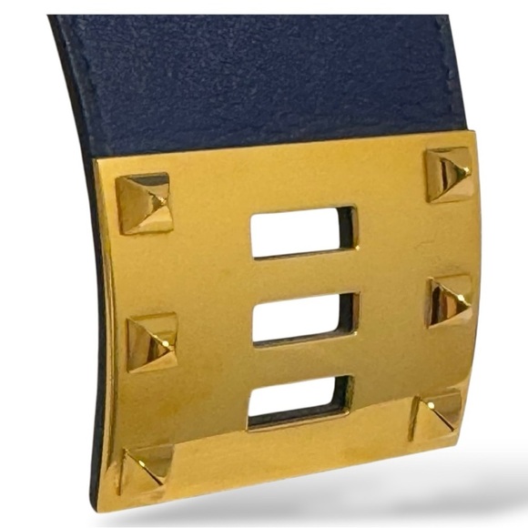 HERMES Kelly Extreme Dog Calfskin Blue R Stamp Gold Plated Wide Cuff Bracelet - Picture 9 of 15